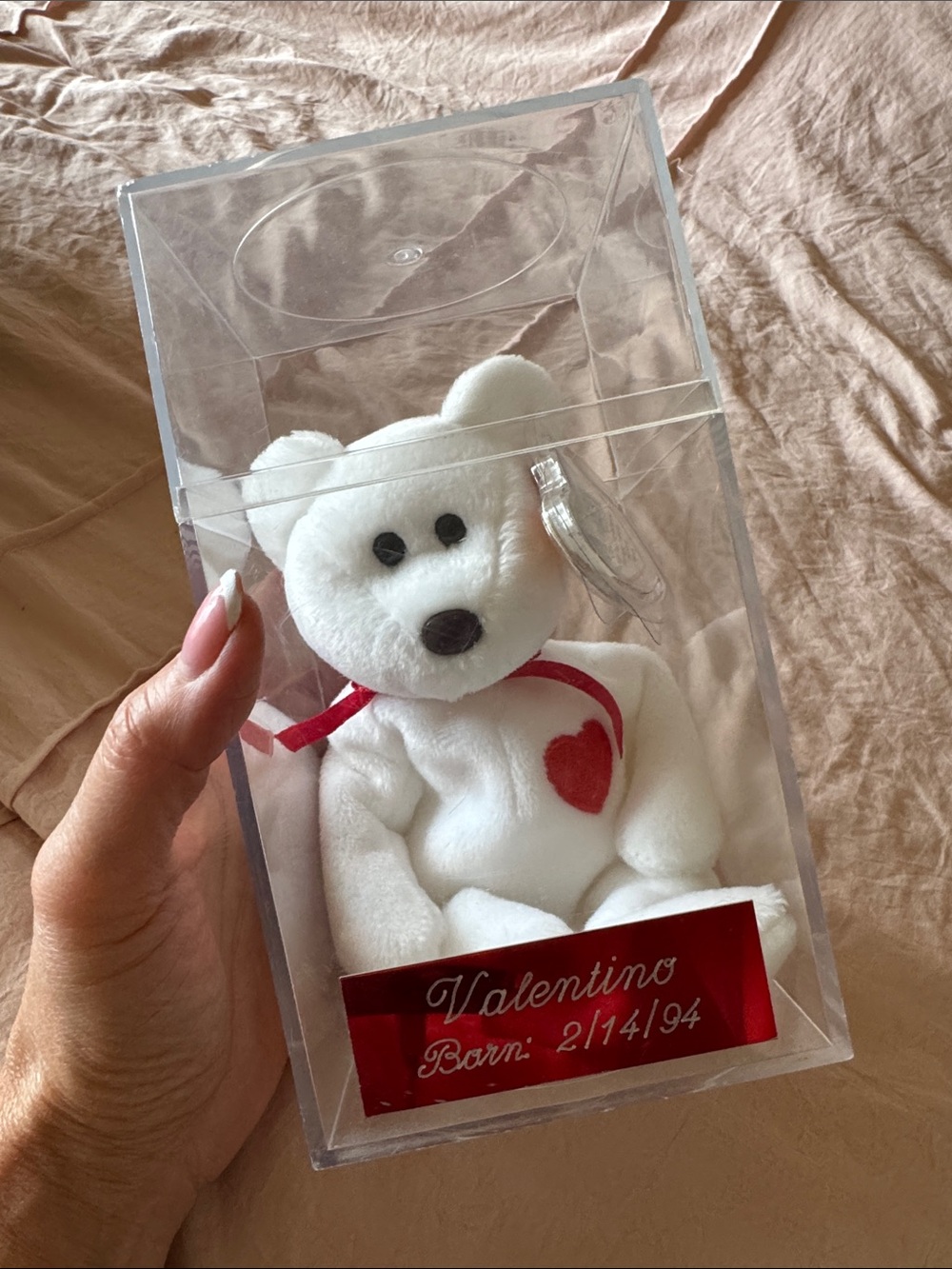White Valentino Beanie Baby Teddy Bear Plush